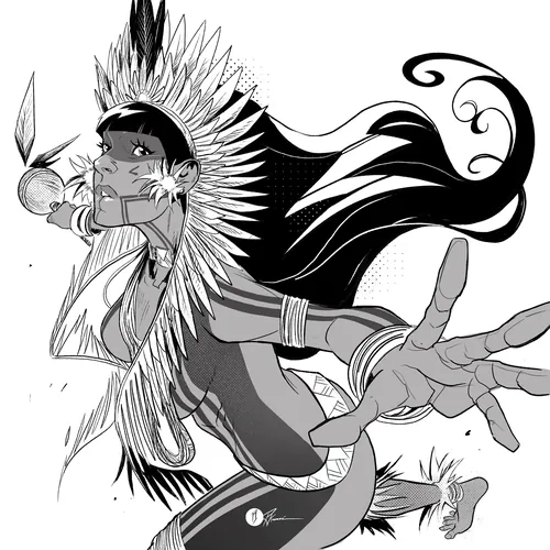 Native American archer in feathered headdress drawing a bow in black and white.