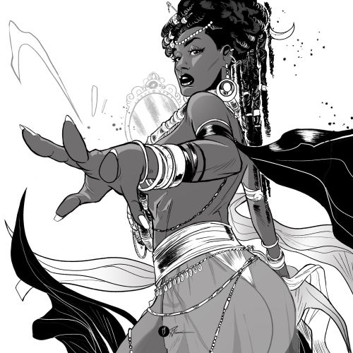 Illustration of a confident woman warrior with arm bracelets and flowing cape