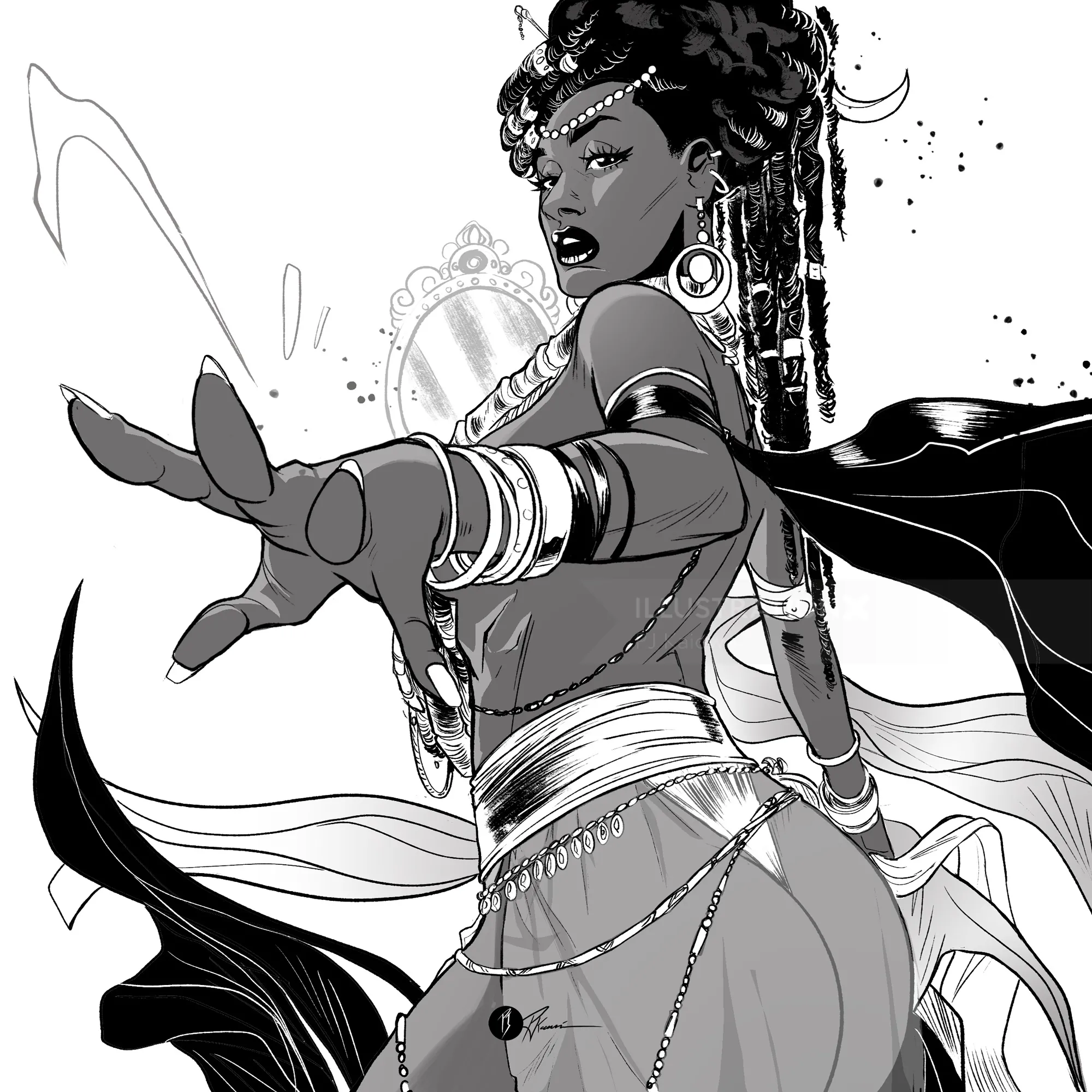 Illustration of a confident woman warrior with arm bracelets and flowing cape