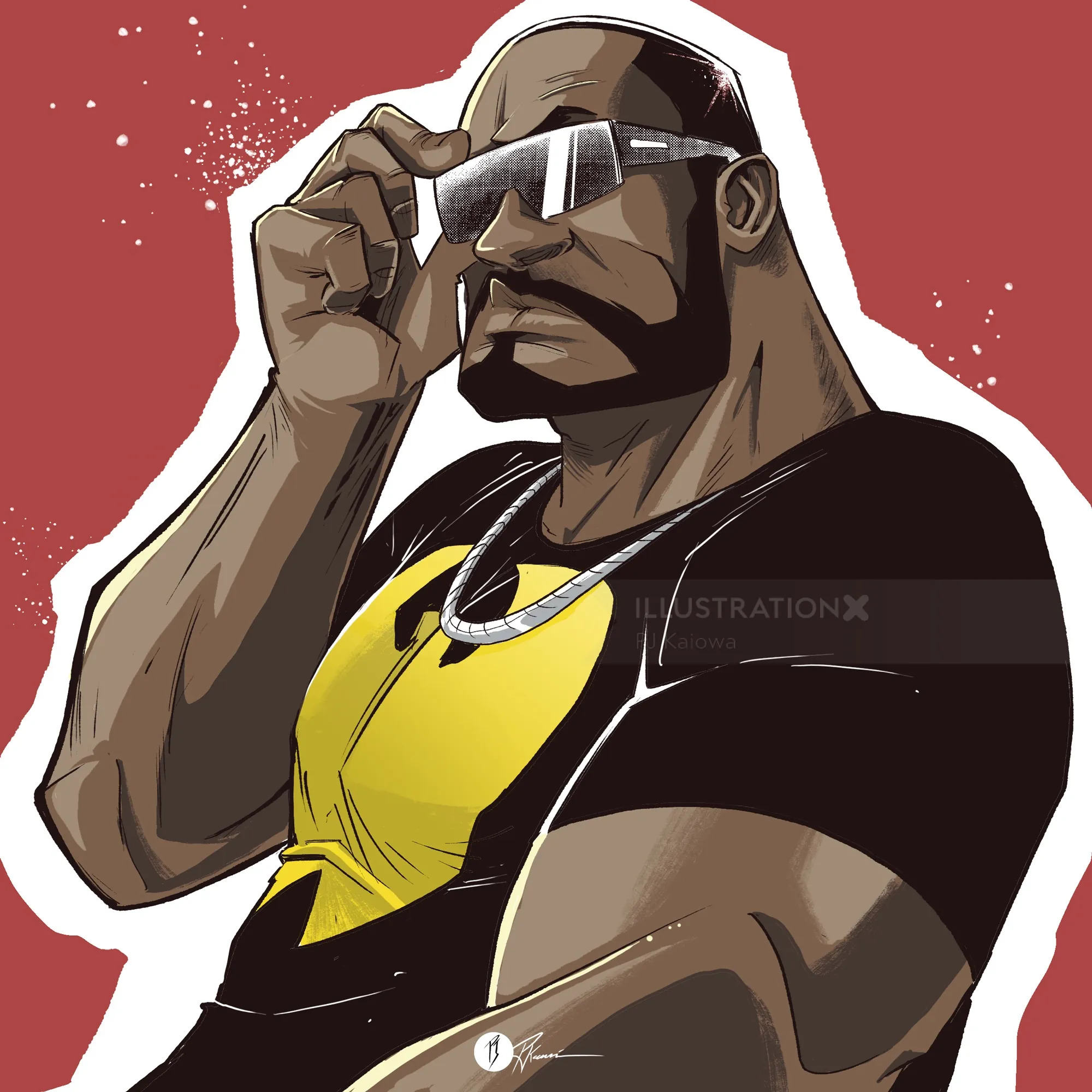 Muscular man with beard adjusting sunglasses in stylized artwork