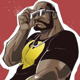 Muscular man with beard adjusting sunglasses in stylized artwork
