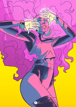 Abstract woman with pink hair and glowing hands on yellow background