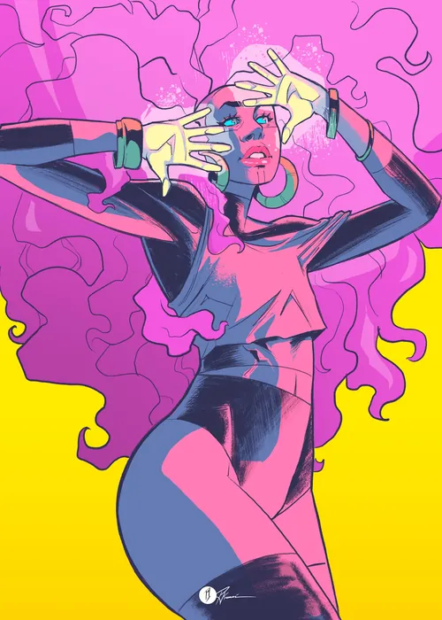 Abstract woman with pink hair and glowing hands on yellow background