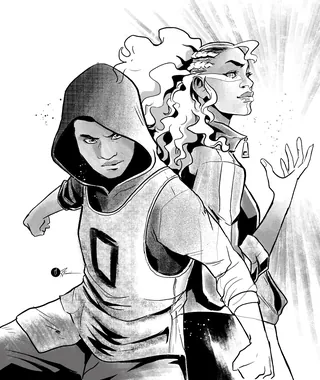Two focused characters standing back to back, one hooded and one with curly hair.