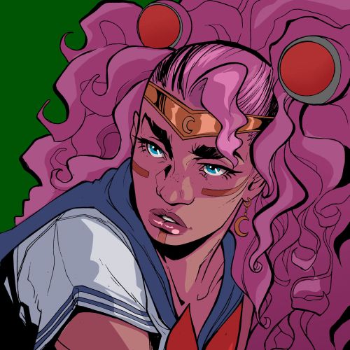 Girl with large pink hair wearing sailor outfit and gold headband.