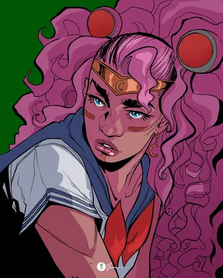 Girl with large pink hair wearing sailor outfit and gold headband.