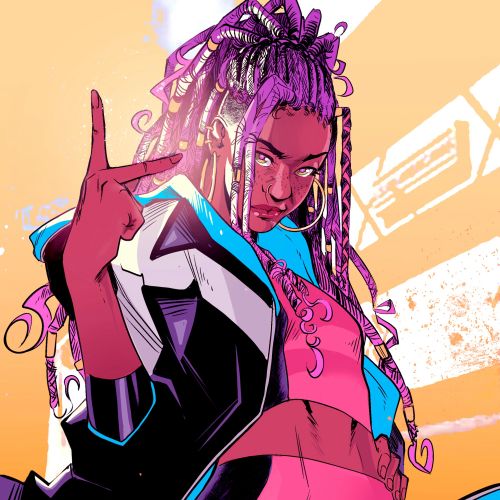 Confident woman with purple braided hair wearing a futuristic jacket and pink outfit