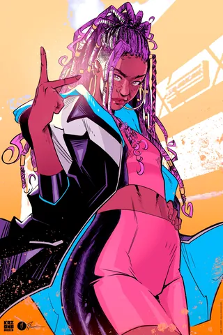 Confident woman with purple braided hair wearing a futuristic jacket and pink outfit