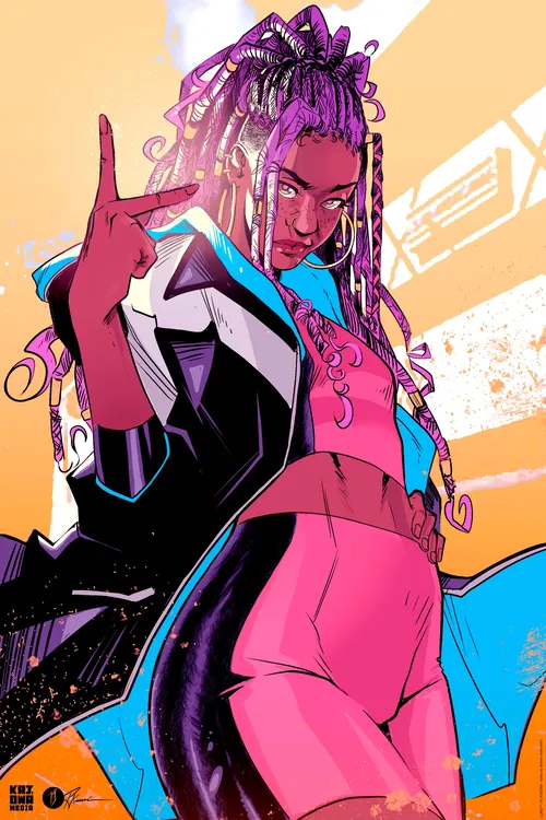 Confident woman with purple braided hair wearing a futuristic jacket and pink outfit