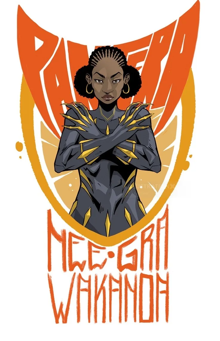 Black superhero woman in Wakandan suit crossing arms, orange background