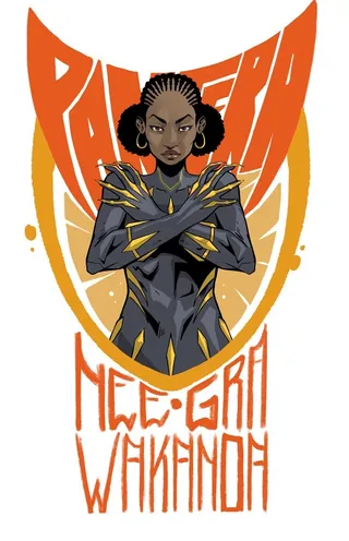 Black superhero woman in Wakandan suit crossing arms, orange background