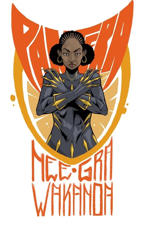 Black superhero woman in Wakandan suit crossing arms, orange background