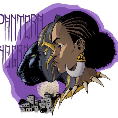 Woman with tribal earrings and Black Panther mask silhouette on purple background
