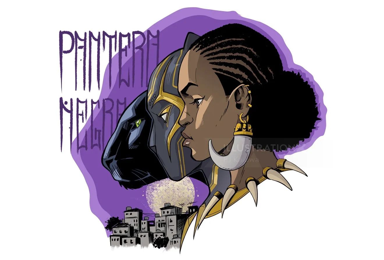 Woman with tribal earrings and Black Panther mask silhouette on purple background