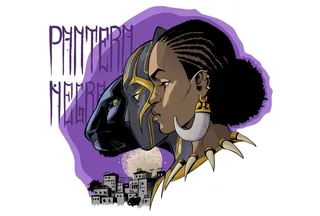 Woman with tribal earrings and Black Panther mask silhouette on purple background