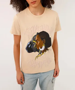 Beige t-shirt with graphic of woman's profile and panther face