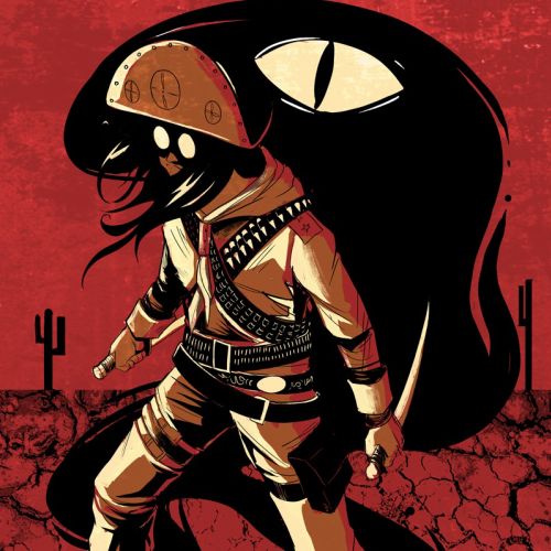 Masked warrior stands on cracked desert ground with shadow monster behind