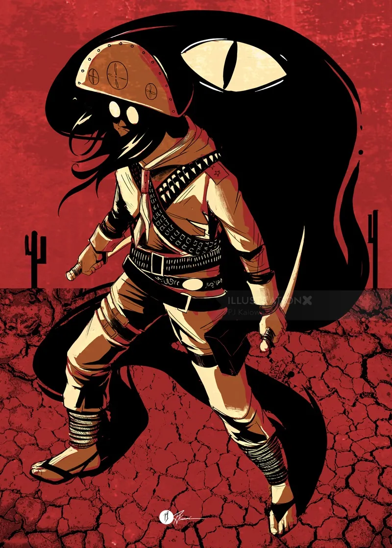 Masked warrior stands on cracked desert ground with shadow monster behind