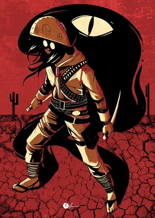 Masked warrior stands on cracked desert ground with shadow monster behind