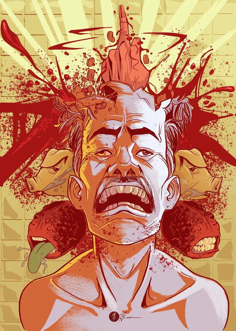 Distressed man screaming with blood splatters and intense facial expression