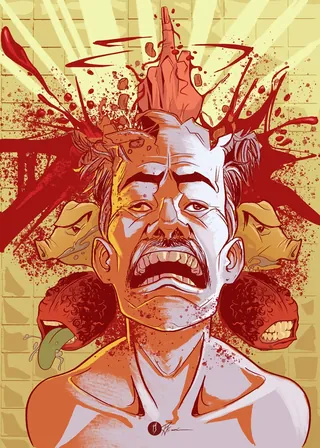 Distressed man screaming with blood splatters and intense facial expression