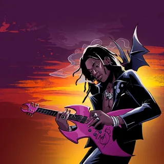 Dark-skinned musician playing pink electric guitar with bat wings at sunset