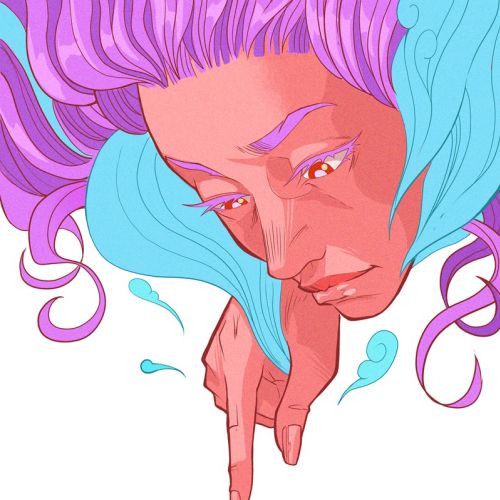 Surreal illustration of a large woman with purple hair pointing at a tiny person