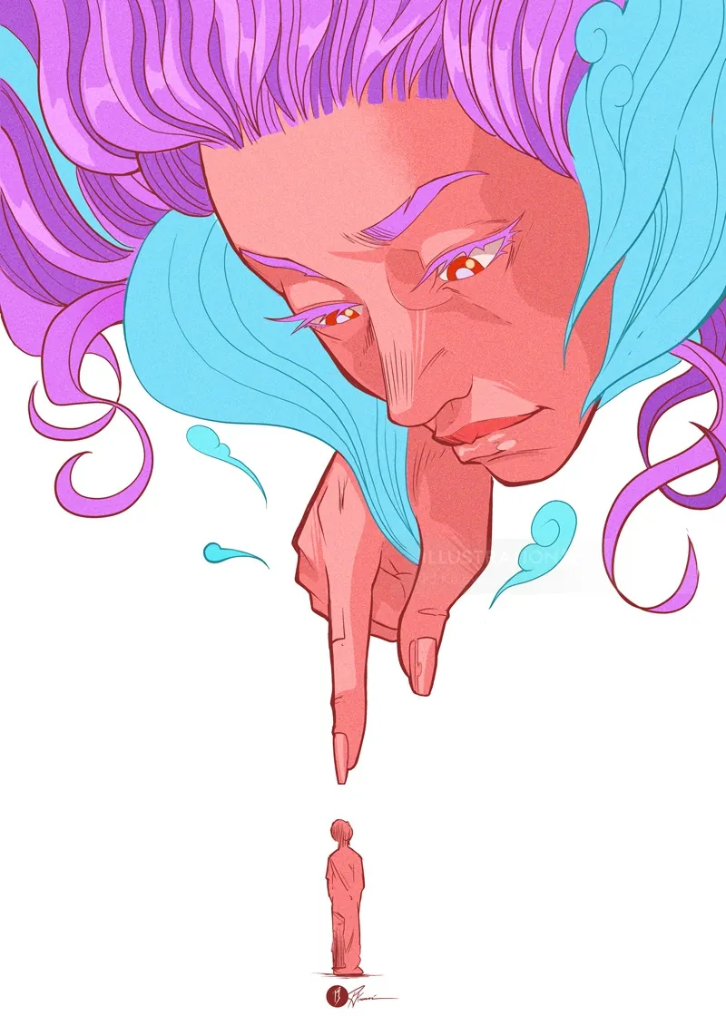 Surreal illustration of a large woman with purple hair pointing at a tiny person