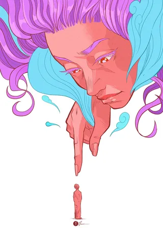 Surreal illustration of a large woman with purple hair pointing at a tiny person