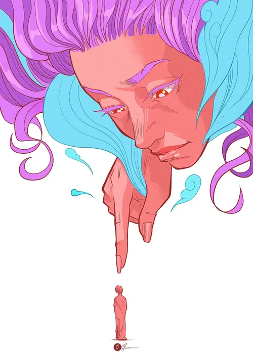 Surreal illustration of a large woman with purple hair pointing at a tiny person