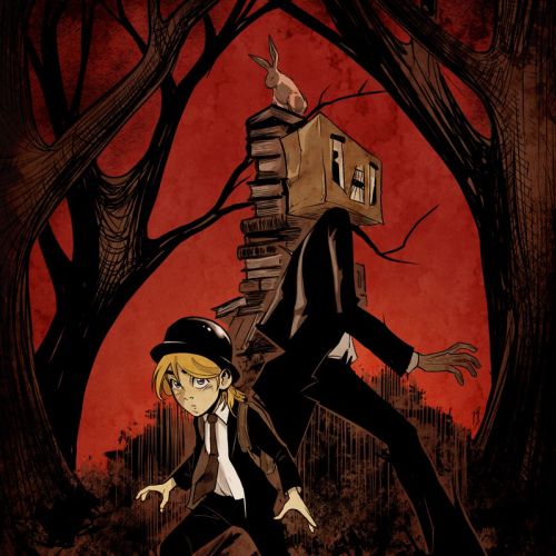 Boy and creature with a house head in dark forest