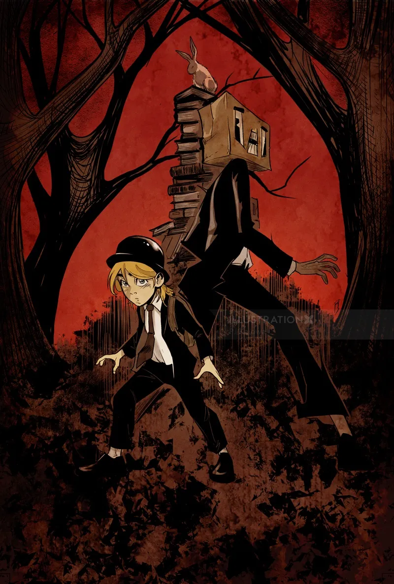 Boy and creature with a house head in dark forest