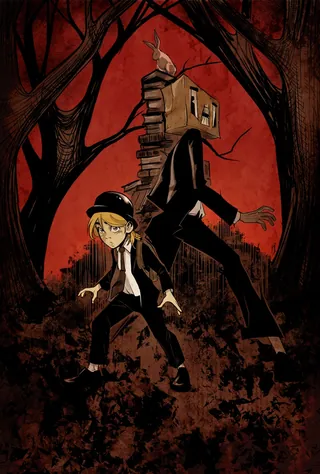 Boy and creature with a house head in dark forest