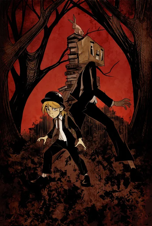Boy and creature with a house head in dark forest