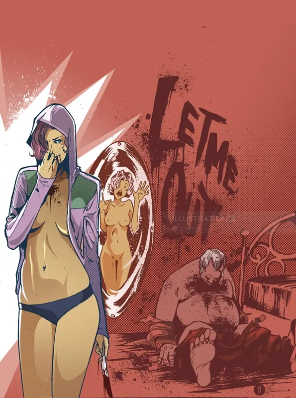 Psychological illustration with mirror and distressed human forms
