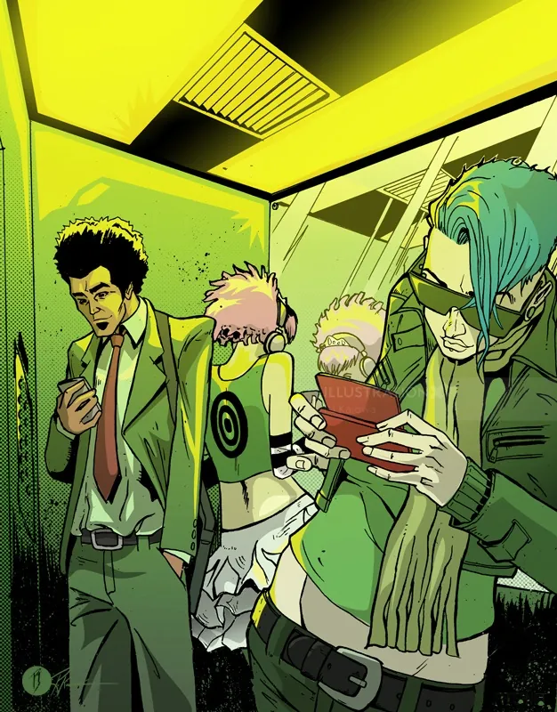 Digital age artwork showing youth absorbed in technology