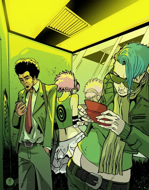 Digital age artwork showing youth absorbed in technology