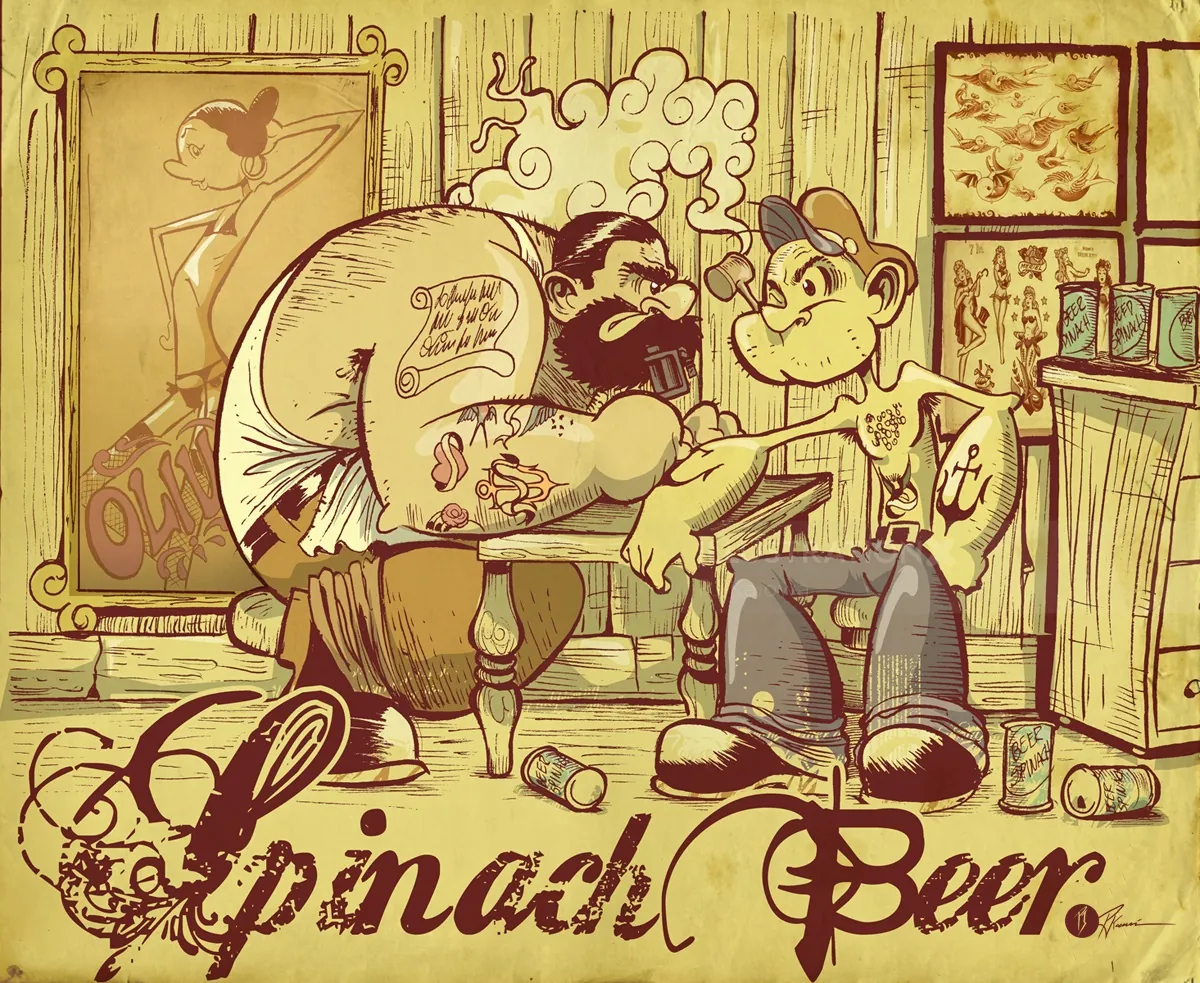 Two Men Tattooing with Spinach Beer Text