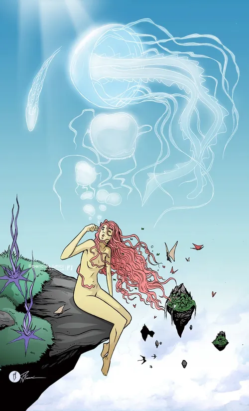 Ethereal woman with red hair sitting on cliff under glowing shapes by PJ Kaiowa