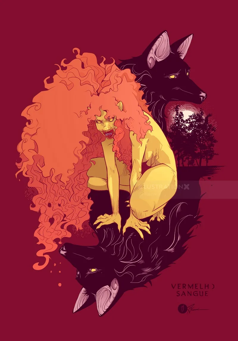 Fantasy illustration showing woman and twin black wolves