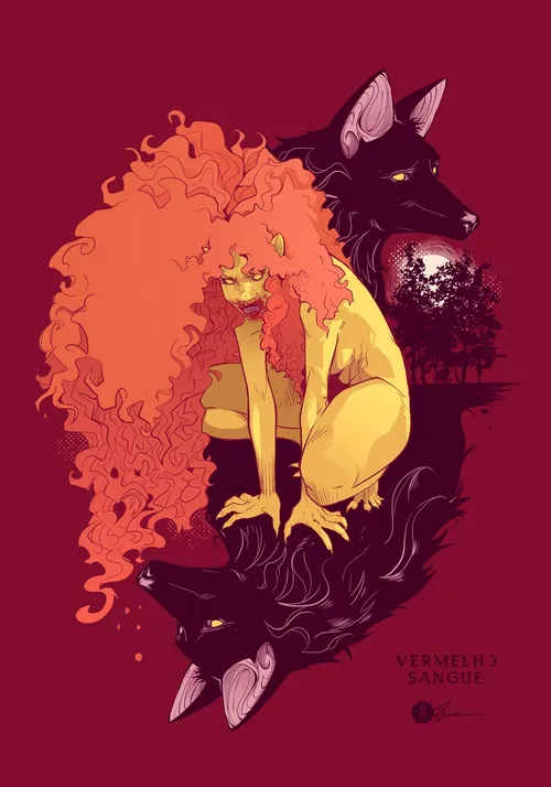 Fantasy illustration showing woman and twin black wolves