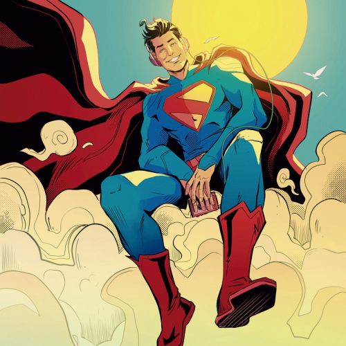 Superman in blue suit sitting with red cape and sun behind, by PJ Kaiowa