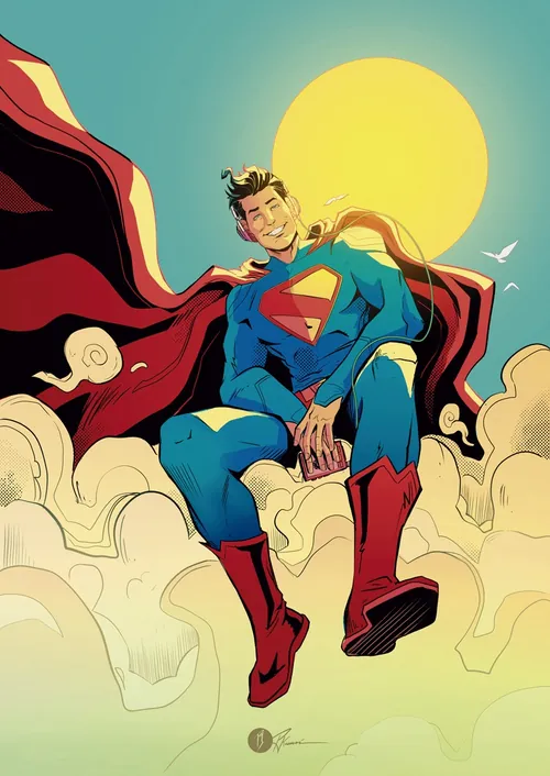 Superman in blue suit sitting with red cape and sun behind, by PJ Kaiowa