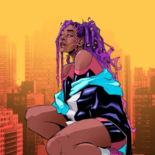 Illustration of a woman with purple hair crouching in a cityscape by PJ Kaiowa