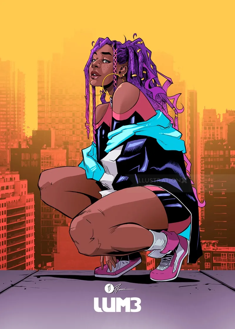 Illustration of a woman with purple hair crouching in a cityscape by PJ Kaiowa