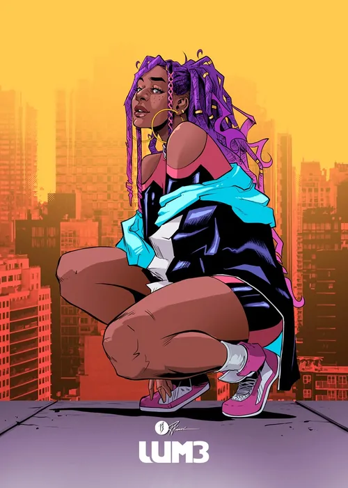 Illustration of a woman with purple hair crouching in a cityscape by PJ Kaiowa