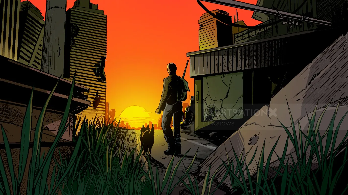 Silhouette of man and dog walking near buildings at sunset by PJ Kaiowa