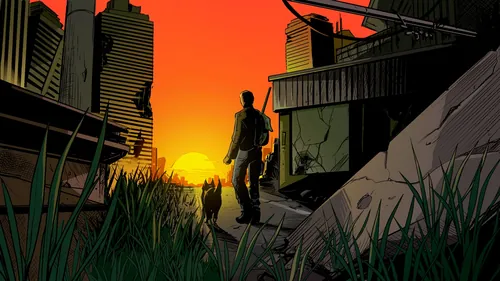 Silhouette of man and dog walking near buildings at sunset by PJ Kaiowa