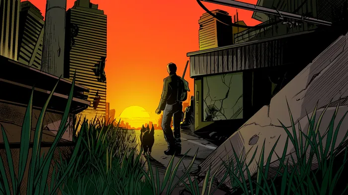 Silhouette of man and dog walking near buildings at sunset by PJ Kaiowa