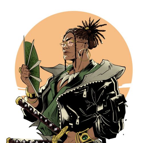 Street Samurai holding green cards with katana and dreadlocks by PJ Kaiowa